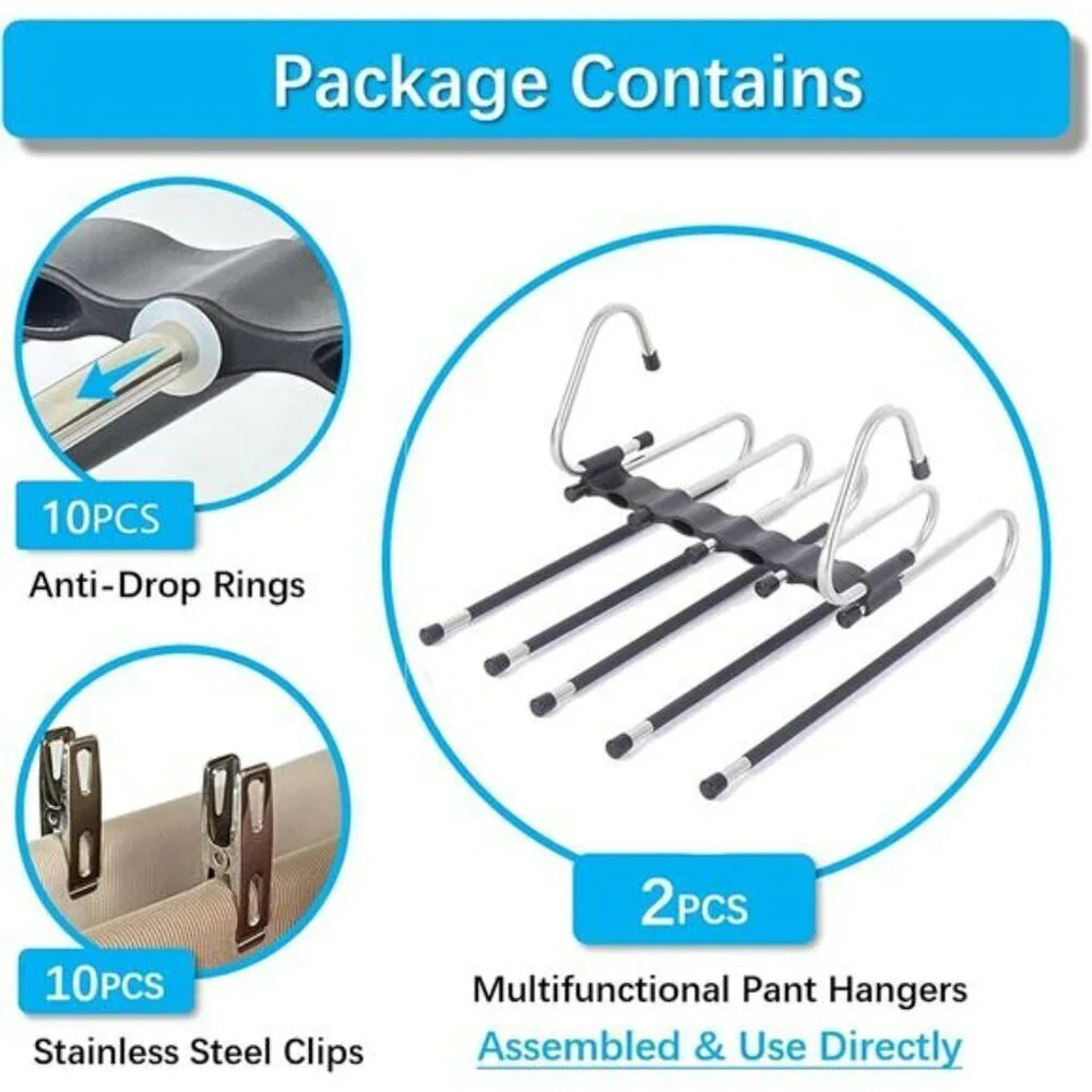 Space Saving Pants Hangers 2 Pack 5 Tier Closet Organizer with 10 Clips for Trou